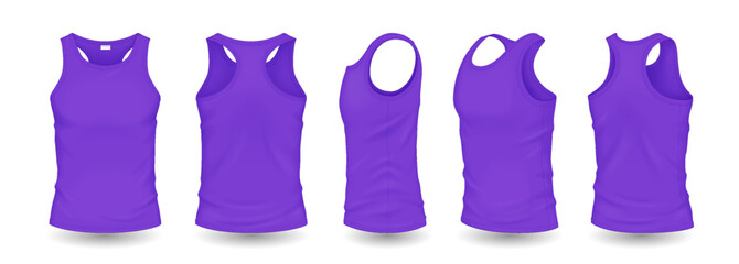 Canvas Print - Purple men tank tops with design template realistic vector illustration set. Sports clothes with space for logo 3d models on white background