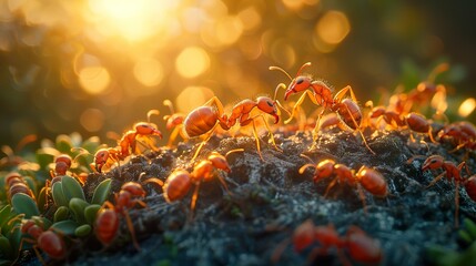 Wall Mural - Red Ants Working Together in the Sunlight