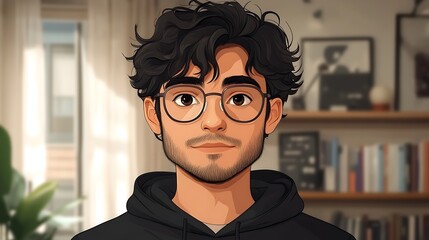 Canvas Print - Cartoon portrait of young man with glasses, black hair, and stubble in a black hoodie