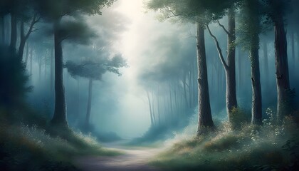 Wall Mural - Mystical forest enveloped in mist, towering trees, and lush greenery, evoking a serene and enchanting ambiance.