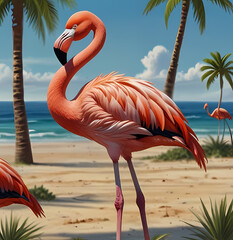 Wall Mural - Flamingos on the beach with palm trees all around In Summer Time