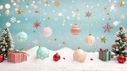 Wall Mural - Cute Pastel Snowflakes and Festive Decorations