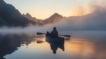 Wall Mural - Serene Solo Canoe Trip Through Misty Mountains