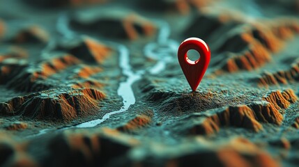 Poster - 3d terrain map with red location pin, navigation concept
