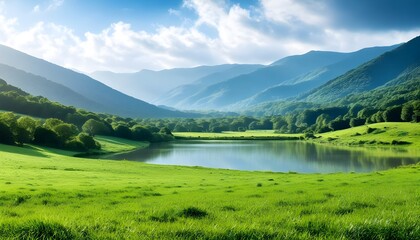 Wall Mural - Tranquil lakeside scene with lush greenery and majestic mountains beneath a clear blue sky