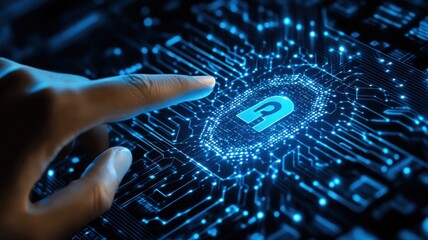 Futuristic hand touching a digital lock symbol on a circuit board.