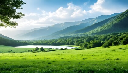 Wall Mural - Tranquil lakeside scene with lush greenery and majestic mountains beneath a clear blue sky