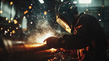 Wall Mural - Welder Working with Sparks and Smoke in a Factory