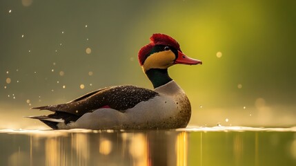 Wall Mural - Red-crested Duck in Golden Light