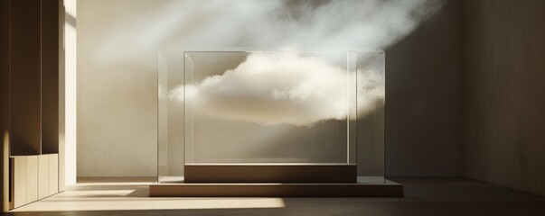 Poster - Cloud enclosed in a glass cube in a minimalist room, surreal art concept