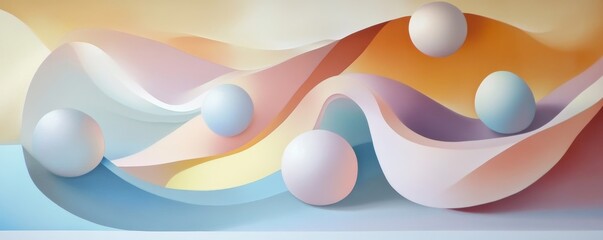 Wall Mural - Abstract pastel waves with floating spheres, modern design. Creative background and art concept