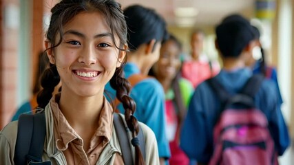 Poster - Students gather in a vibrant school hallway, engaging and smiling at each other, showcasing friendship and youthful energy in a lively educational environment.