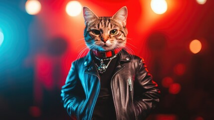 stylish cat in leather jacket posing confidently