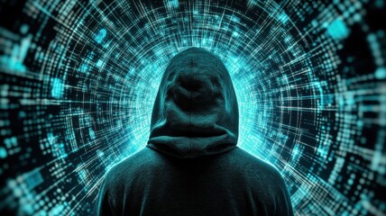 Hooded figure with digital data tunnel background, isolate for die-cut use.