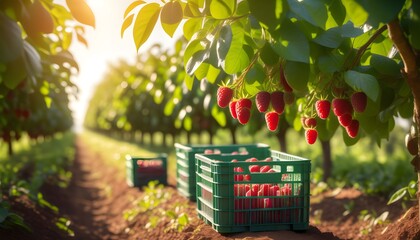 Wall Mural - Vibrant freshly harvested raspberries in a plastic box, basking in sunlight amidst the lush plantation