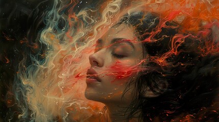 Poster - Dreamy Portrait of a Woman Surrounded by Abstract Colors