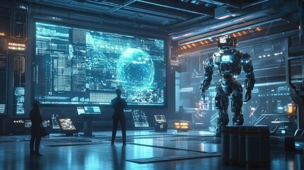 Aufkleber - Advanced AI Robot Interacting with Humans in Modern Space