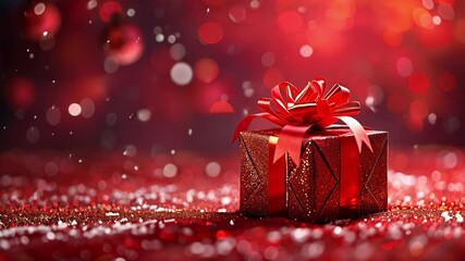 Poster - A beautifully wrapped red gift box sits in the center, adorned with a shiny bow. Snowflakes gently fall around it, complemented by vibrant festive bokeh lights in the background.