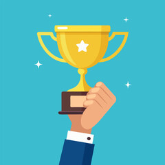 Business goal achievement vector concept, flat style happy successful businessman holding golden cup award in hand, leadership idea, first place prize victory, competition winner