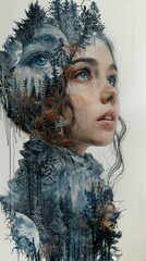 Wall Mural - Woman in a Forest Dream - Surreal Portrait with Moon and Snow