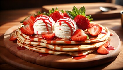 Wall Mural - Sunlit Strawberry Gelato on a Wooden Chopping Block in a Cozy Kitchen