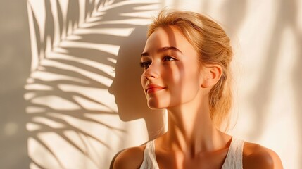 A young woman with blonde hair smiles as she sits in front of a window with a palm leaf shadow cast across her face.