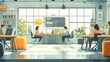 © Orca - Illustration of Professional Meeting Room with People Discussing Charts and Graphs, Business Collaboration