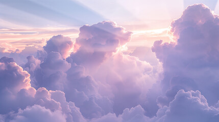 Wall Mural - Soft pastel clouds with sun rays shining in a tranquil sky