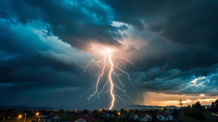 Wall Mural - a lightning bolt piercing through dark storm clouds, casting a bright glow over a quiet village