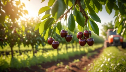 Wall Mural - Lush cherry plantation basking in warm sunlight with vibrant red cherries ready for harvest