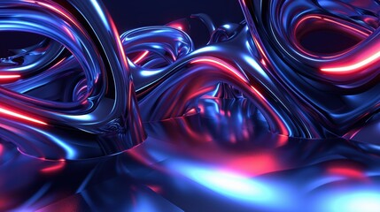 Wall Mural - Abstract 3D Render of Intertwined Shiny Metallic Shapes with Blue and Red Neon Lighting