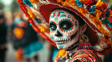 Celebrating Day of the Dead with vibrant costumes, face paint, and traditional decorations in Mexico