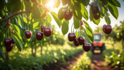 Wall Mural - Lush cherry plantation basking in warm sunlight with vibrant red cherries ready for harvest