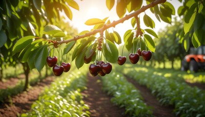 Wall Mural - Lush cherry plantation basking in warm sunlight with vibrant red cherries ready for harvest