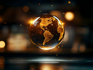 A glowing globe representation with golden continents against a blurred background.