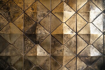 Poster - Intricate geometric design featuring textured metallic tiles in warm tones enhancing an elegant indoor space ambiance. Generative AI