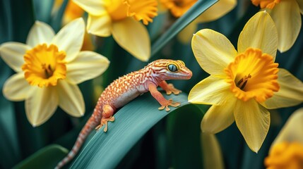 Poster - Gecko on a Daffodil Leaf