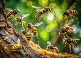 Vibrant yellow and black insects, also known as wasps, hover around a sweet sticky substance oozing from a tree trunk in a lush green forest setting.