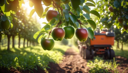 Wall Mural - Vibrant apple nestled in rustic barrel surrounded by sunlit plantation showcasing natures beauty