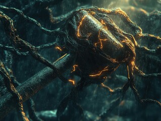 Poster - Abstract Neuron with Glowing Synapses, Digital Art, 3D Render, Neural Network, AI, Sci-Fi, Technology, Brain, Neurology.
