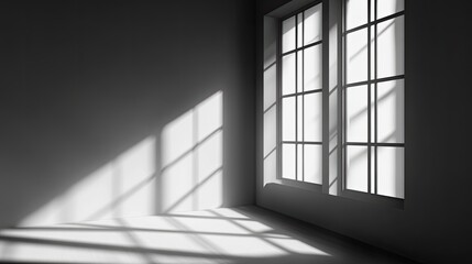 Wall Mural - Sunlight streams through a window in an empty room, casting long shadows on the wall and floor.