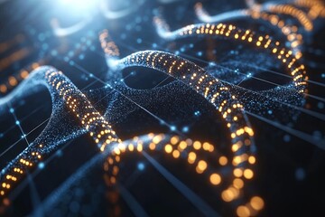Poster - Illuminated digital wave patterns in a dark environment creating a mesmerizing visual effect of glowing lights and motion. Generative AI