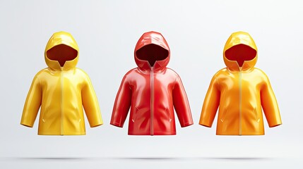 Wall Mural - Three colorful raincoats with hoods, yellow, red and orange, on white background.