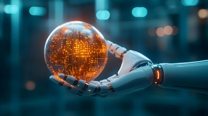 Poster - A futuristic robotic hand holding a glowing sphere with digital patterns, presenting advanced technology themes.