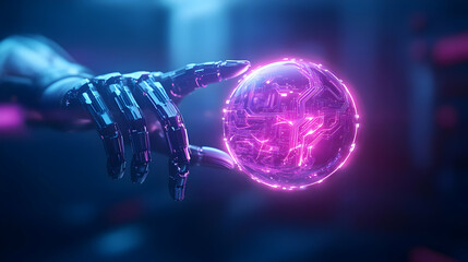 Poster - A futuristic robotic hand interacting with a glowing energy orb, electric and vibrant colors, sci-fi theme.