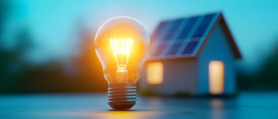 A glowing light bulb in front of a miniature solar-powered house, symbolizing renewable energy and innovation.