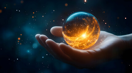 Poster - a hand holding a glowing orb filled with sparkles and light, against a dark cosmic background.