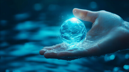 Poster - A hand holding a glowing water ball, surrounded by shimmering water in a serene setting.