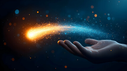 Poster - a hand reaching out towards a comet trail of sparkling energy against a dark background.