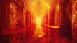© ProStockGallery - Abstract Red and Yellow Glowing Archway Corridor with Reflective Floor.